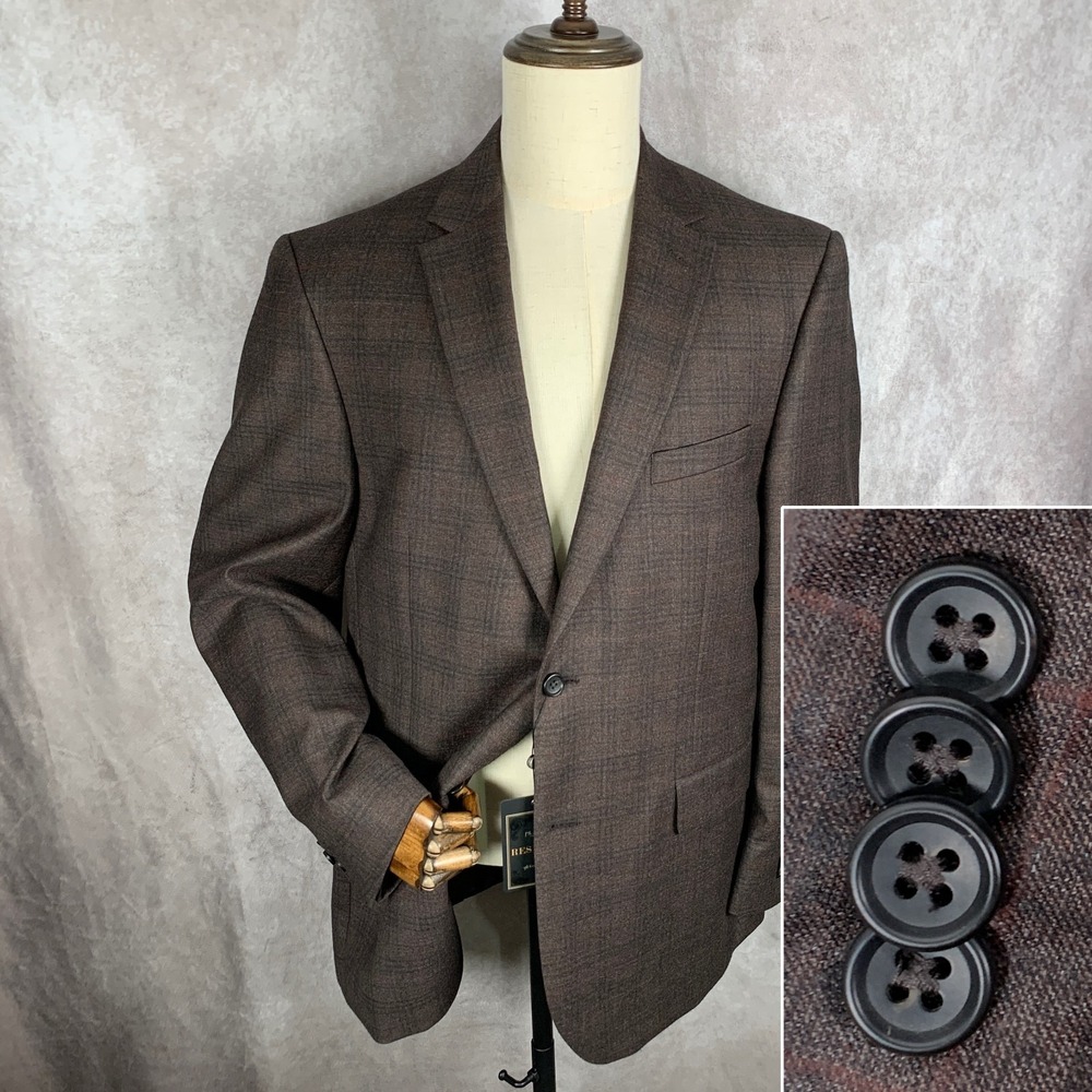 Jos A Bank Blazer Jacket Men 44L Brown Windowpane Reserve Lanificio Cerruti NEW